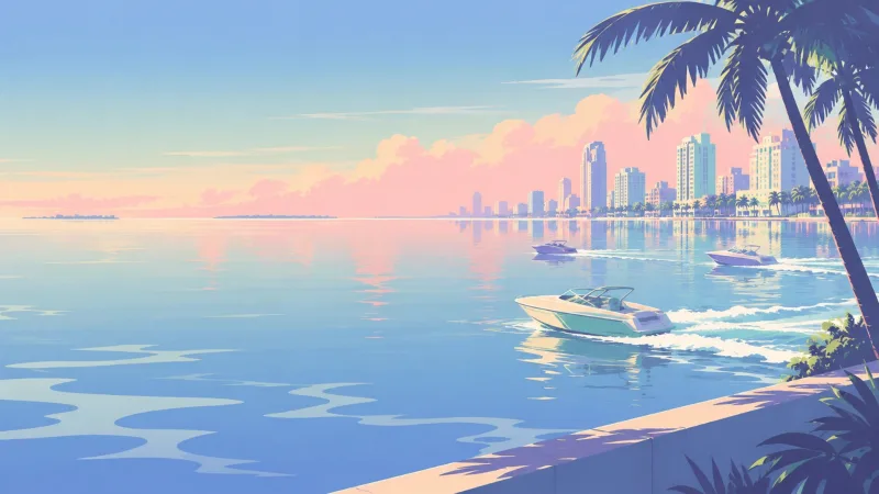 An illustrated boat ride through sunlit coastal waters